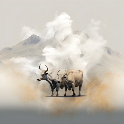 Pintura abstracta fractal sobre lienzo, textura beige-blanco-humo. 3 toros negros emergiendo del humo con el monte Ararat en el horizonte. Poses que recuerdan a los toros de Wall Street en Nueva York.  3 de Kurt Heppke
