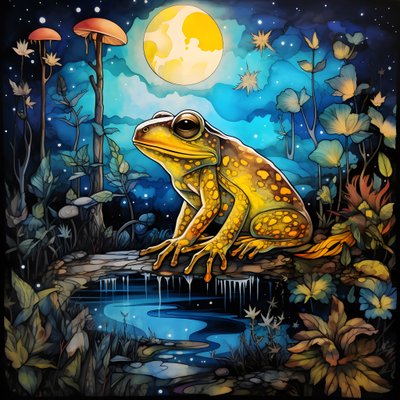 Una rana amarilla en el bosque, luna, río 1 de Kurt Heppke