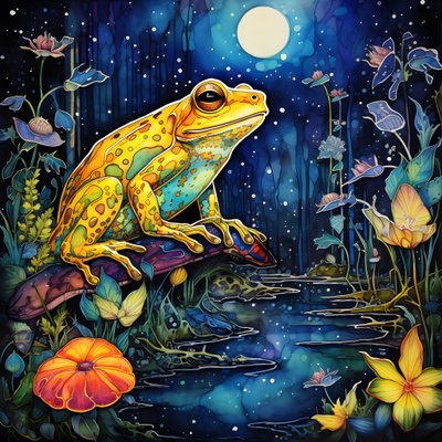 Una rana amarilla en el bosque, luna, río 2 de Kurt Heppke
