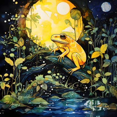 Una rana amarilla en el bosque, luna, río 3 de Kurt Heppke