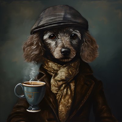Un caniche sofisticado bebe una taza de té, lleva un jersey de cuello alto y una gorra plana, fondo ahumado 1 de Kurt Heppke