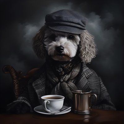 Un caniche sofisticado bebe una taza de té, lleva un jersey de cuello alto y una gorra plana, fondo ahumado 2 de Kurt Heppke