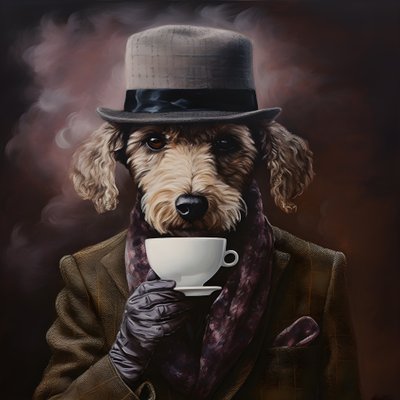 Un sofisticado caniche bebe una taza de té, lleva un jersey de cuello alto y una gorra plana, fondo ahumado 3 de Kurt Heppke