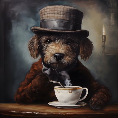 Un caniche sofisticado bebe una taza de té, lleva un jersey de cuello alto y una gorra plana, fondo ahumado 4 de Kurt Heppke