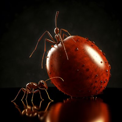 Una hormiga marrón trepa por una manzana gigante 1 de Kurt Heppke