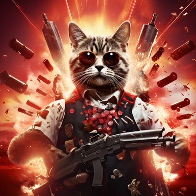 Cartel de cine de un gato con camisa de lunares blancos y negros y gafas de sol brillantes, con explosiones y cañones de fondo 1 de Kurt Heppke