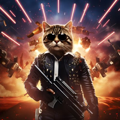 Cartel de cine de un gato con camisa de lunares blancos y negros y gafas de sol brillantes, con explosiones y cañones de fondo 2 de Kurt Heppke
