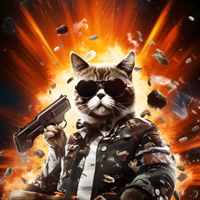 Cartel de cine de un gato con camisa de lunares blancos y negros y gafas de sol brillantes, con explosiones y cañones de fondo 3 de Kurt Heppke