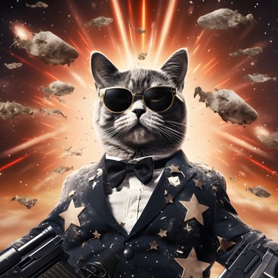 Cartel de cine de un gato con camisa de lunares blancos y negros y gafas de sol brillantes, con explosiones y cañones de fondo 4 de Kurt Heppke