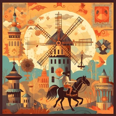 Fondo Don Quijote en el extremo derecho en su burro tan pequeño como una sombra, frente a los molinos de viento, un telón de fondo adecuado 1 de Kurt Heppke