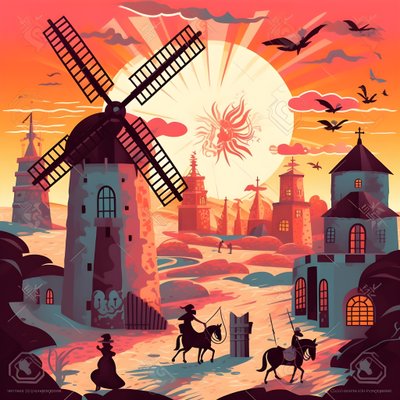 Fondo Don Quijote en el extremo derecho en su burro tan pequeño como una sombra, frente a los molinos de viento, un telón de fondo apropiado 2 de Kurt Heppke
