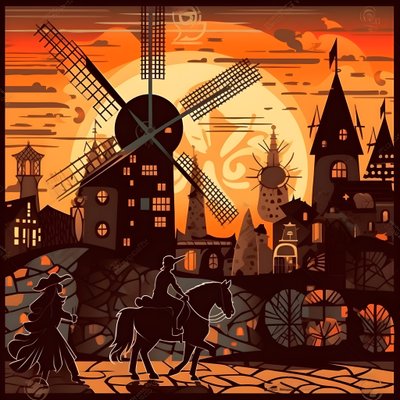 Fondo Don Quijote en el extremo derecho en su burro tan pequeño como una sombra, frente a los molinos de viento, un telón de fondo apropiado 4 de Kurt Heppke
