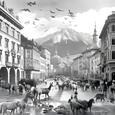 Innsbruck en una fotografía antigua con elegantes cebras, gaviotas, monos y figuras de arcilla. 2 de Kurt Heppke