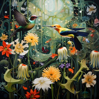 Colibríes y una rana en el bosque 2 de Kurt Heppke