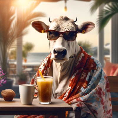 Vaca con gafas de sol mirando el café frío 2 de Kurt Heppke