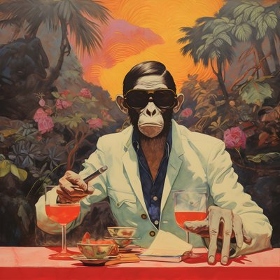 Primer plano de un mono chulo con kimono japonés y gafas de sol, en un paisaje tropical 1 de Kurt Heppke