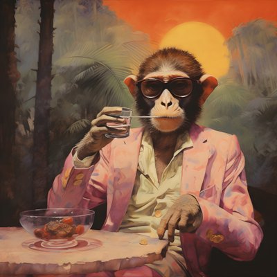 Primer plano de un mono chulo con kimono japonés y gafas de sol en un paisaje tropical 2 de Kurt Heppke