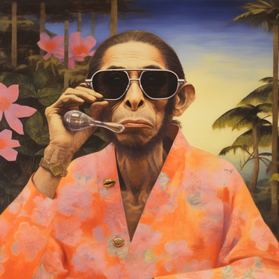 Primer plano de un mono chulo con kimono japonés y gafas de sol, en un paisaje tropical 3 de Kurt Heppke