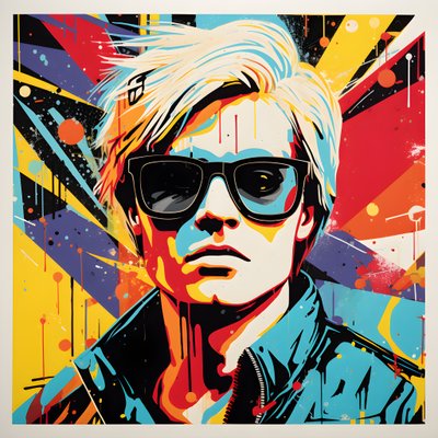 Retrato Pop Art, medio cuerpo, Colorido, gráfico, Matinal, al estilo de Andy Warhol, Roy Lichtenstein, Robert Rauschenberg, Jasper Johns, Keith Haring 1 de Kurt Heppke