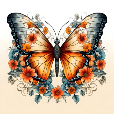 Mariposa en el centro, simétrica, con flores al fondo 3 de Kurt Heppke