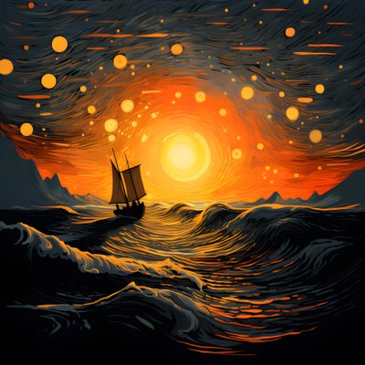 Atardecer, sol amarillo anaranjado, nubes, cinco círculos giratorios de nubes en un gran cielo, olas punteadas y nubes amarillas anaranjadas del atardecer reflejándose en las olas, un barco navegando mar adentro 1 de Kurt Heppke