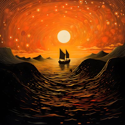 Atardecer, sol amarillo anaranjado, nubes, cinco círculos giratorios de nubes en un gran cielo, olas punteadas y nubes amarillas anaranjadas del atardecer reflejándose en las olas, un barco navegando mar adentro 2 de Kurt Heppke