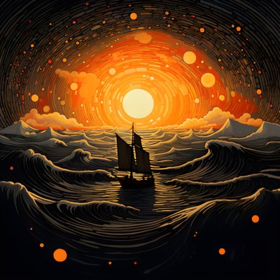 Atardecer, sol amarillo anaranjado, nubes, cinco círculos giratorios de nubes en un gran cielo, olas punteadas y nubes amarillas anaranjadas del atardecer reflejándose en las olas, un barco navegando mar adentro 3 de Kurt Heppke