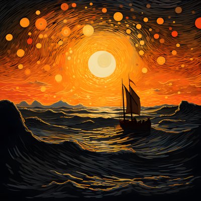 Atardecer, sol amarillo anaranjado, nubes, cinco círculos giratorios de nubes en un gran cielo, olas punteadas y nubes amarillas anaranjadas del atardecer reflejándose en las olas, un barco navegando mar adentro 4 de Kurt Heppke