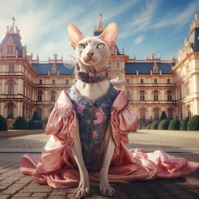 Gato Sphynx en vestido de baile sobre el fondo de un magnífico palacio de estilo medieval 1 de Kurt Heppke