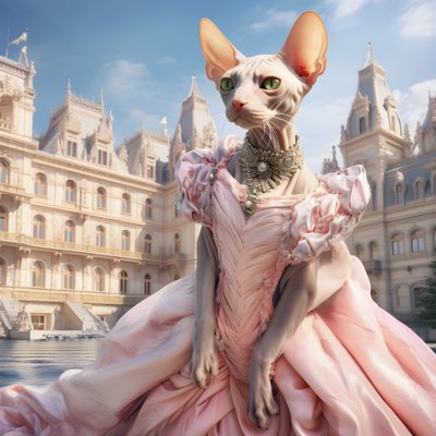 Gato Sphynx en vestido de baile sobre el fondo de un magnífico palacio de estilo medieval 2 de Kurt Heppke