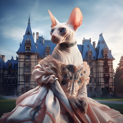 Gato Sphynx con vestido de baile sobre el fondo de un magnífico palacio de estilo medieval 3 de Kurt Heppke