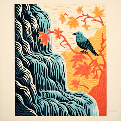 Ilustración ultraminimalista de un colorido pájaro tropical sentado sobre una planta ramificada frente a un arroyo de montaña con una hermosa cascada 1 de Kurt Heppke