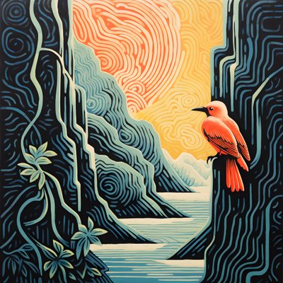Ilustración ultraminimalista de un colorido pájaro tropical sentado en una planta ramificada frente a un arroyo de montaña con una hermosa cascada 2 de Kurt Heppke