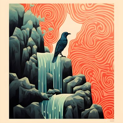 Ilustración ultra minimalista de un colorido pájaro tropical sentado en una planta ramificada frente a un arroyo de montaña con una hermosa cascada 3 de Kurt Heppke