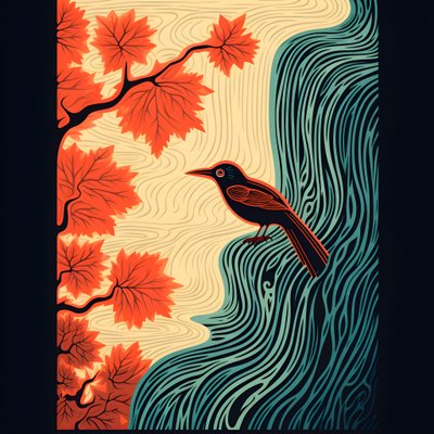 Ilustración ultraminimalista de un colorido pájaro tropical sentado en una planta ramificada frente a un arroyo de montaña con una hermosa cascada 4 de Kurt Heppke