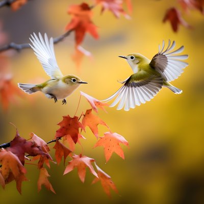 Dos monísimos pájaros verdes de ojos blancos despliegan sus alas y vuelan entre las otoñales hojas de arce 3 de Kurt Heppke