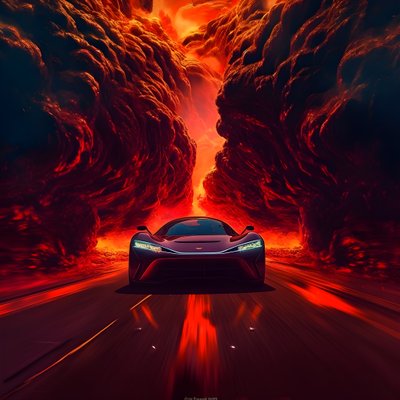 un coche de lujo es conducido por un camino con rojo resplandeciente de fondo 1 de Kurt Heppke