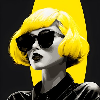ilustración de una chica con gafas de sol amarillas, pelo en la cara y orejas, al estilo de la estética del cine negro 1 de Kurt Heppke