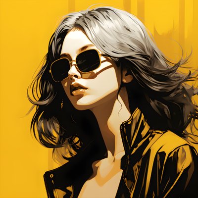 ilustración de una chica con gafas de sol amarillas, pelo en la cara y orejas, al estilo de la estética del cine negro 2 de Kurt Heppke