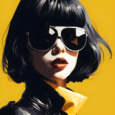 ilustración de una chica con gafas de sol amarillas, pelo en la cara y orejas, al estilo de la estética del cine negro 3 de Kurt Heppke