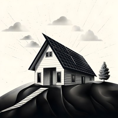 una ilustración de una casa con paneles solares, con una enorme flecha detrás apuntando hacia la derecha y hacia arriba 1 de Kurt Heppke