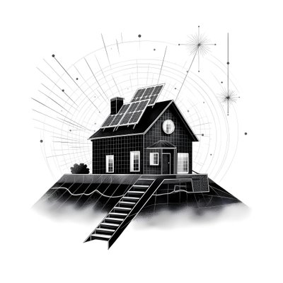 una ilustración de una casa con paneles solares, con una enorme flecha detrás apuntando hacia la derecha y hacia arriba 3 de Kurt Heppke