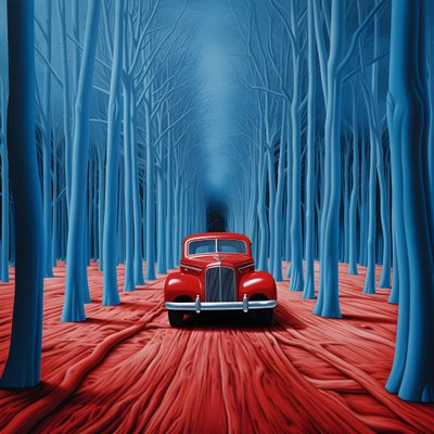 coche azul en un bosque rojo 3 de Kurt Heppke