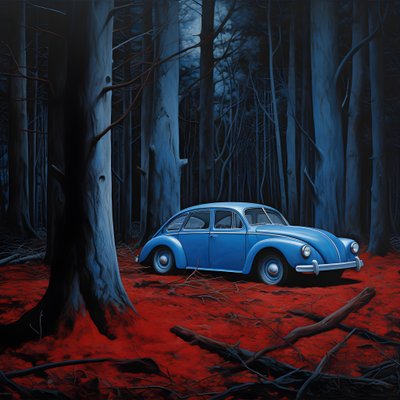coche azul en un bosque rojo 4 de Kurt Heppke