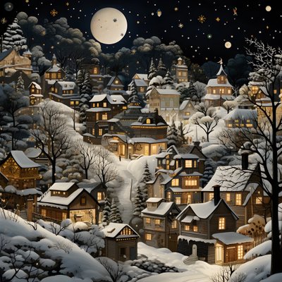 un pueblo de noche bajo árboles nevados 2 de Kurt Heppke