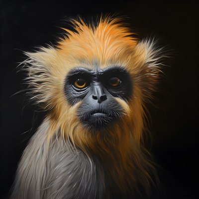 una pintura de la cara de un langur dorado con fondo negro 1 de Kurt Heppke