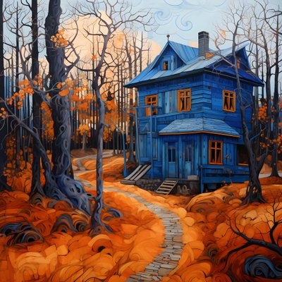 una casa azul en un bosque naranja 4 de Kurt Heppke