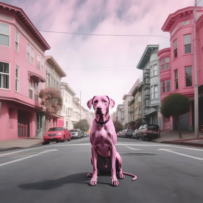 un perro rosa en medio de la ciudad de san fransisco 1 de Kurt Heppke