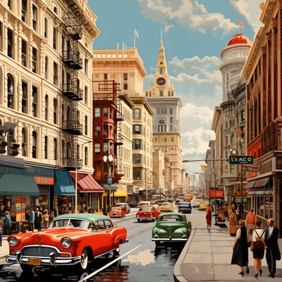 una ciudad en los años 50 con coches rojos 1 de Kurt Heppke