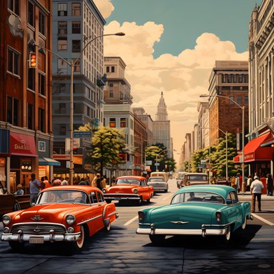 una ciudad en los años 50 con coches rojos 2 de Kurt Heppke